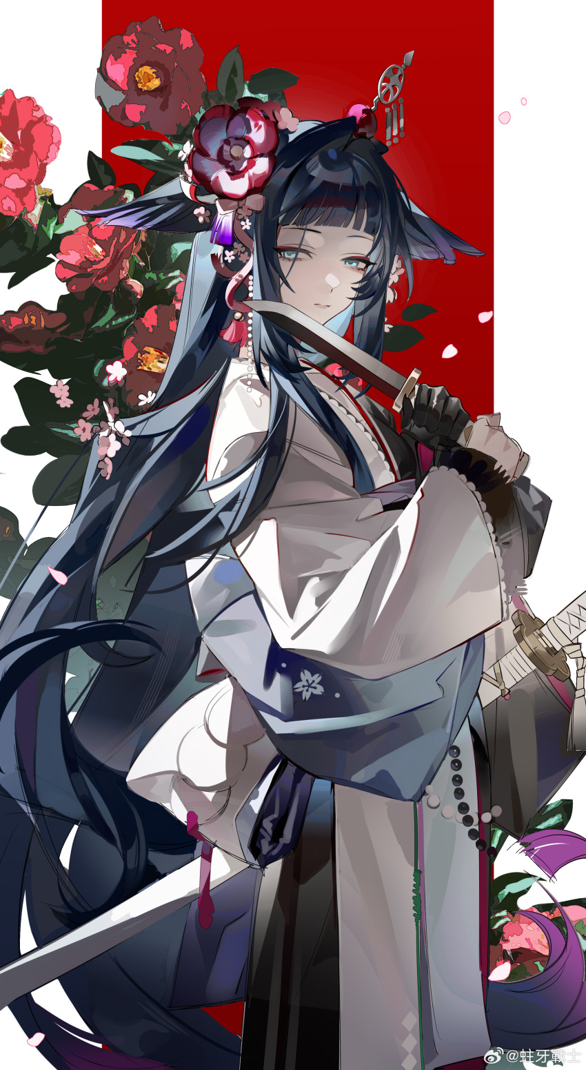 1girl, absurdres, animal_ears, arknights, black_gloves, black_hair, blue_eyes, blunt_bangs