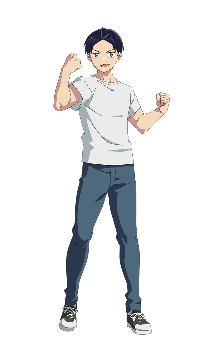 1boy, anime_coloring, black_eyes, black_hair, blue_pants, clenched_hands, denim, full_body