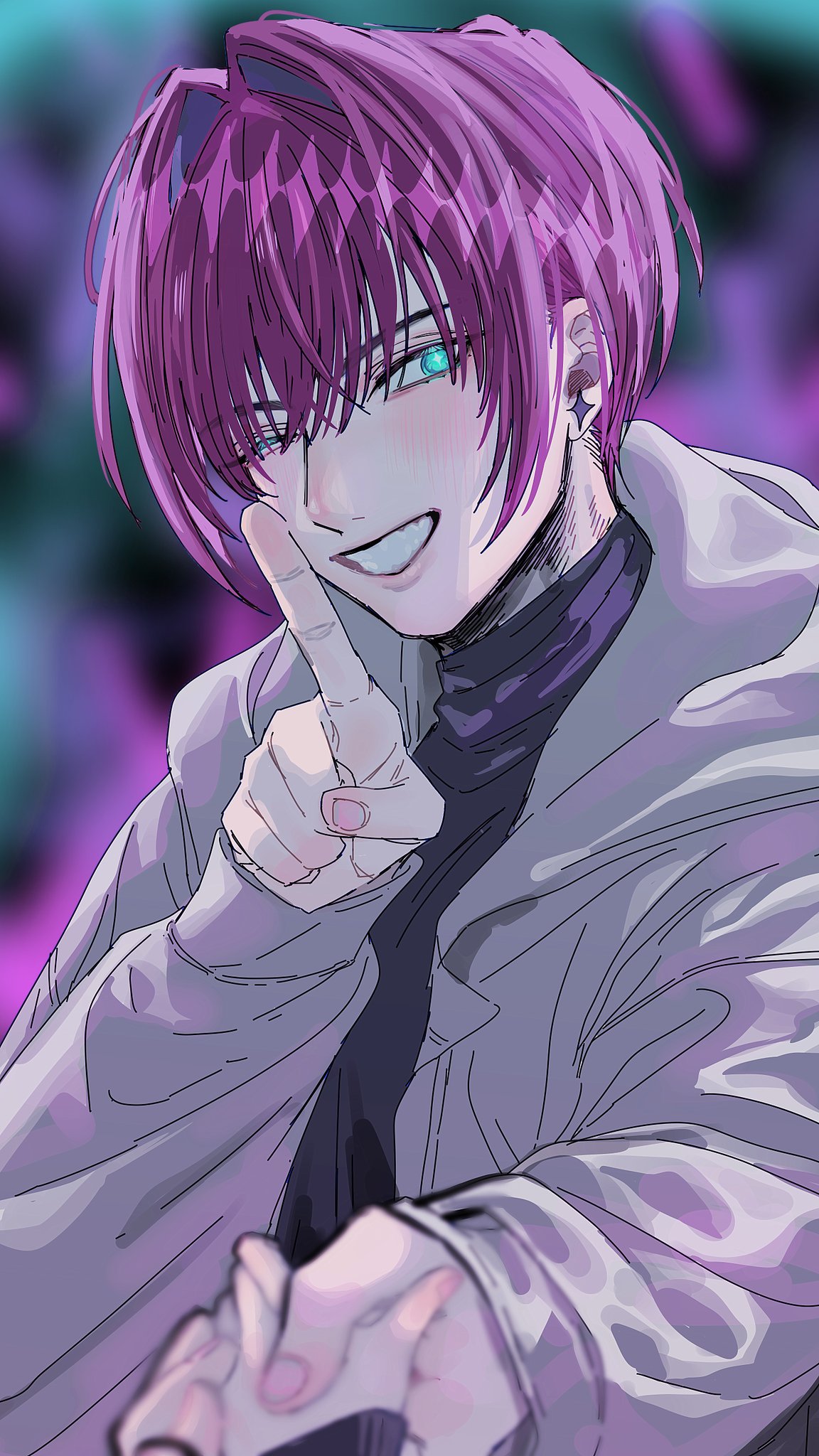 +_+, 1boy, aijou_rentarou, black_sweater, blurry, blurry_background, blurry_foreground, blush