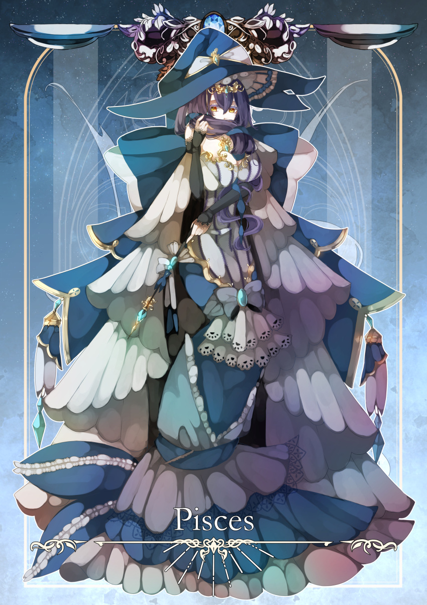 1girl, absurdres, black_arm_warmers, blue_background, blue_bow, blue_dress, blue_gemstone, blue_hat