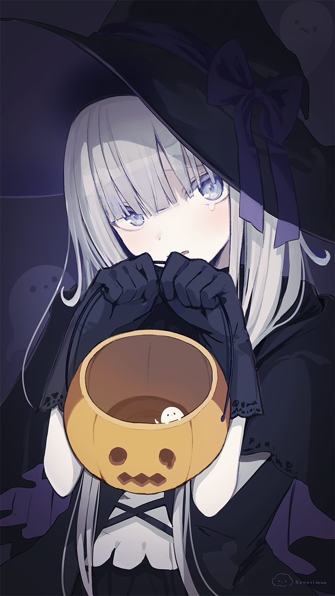 1girl, black_capelet, black_dress, black_gloves, black_hat, black_lace_trim, blue_eyes, blunt_bangs