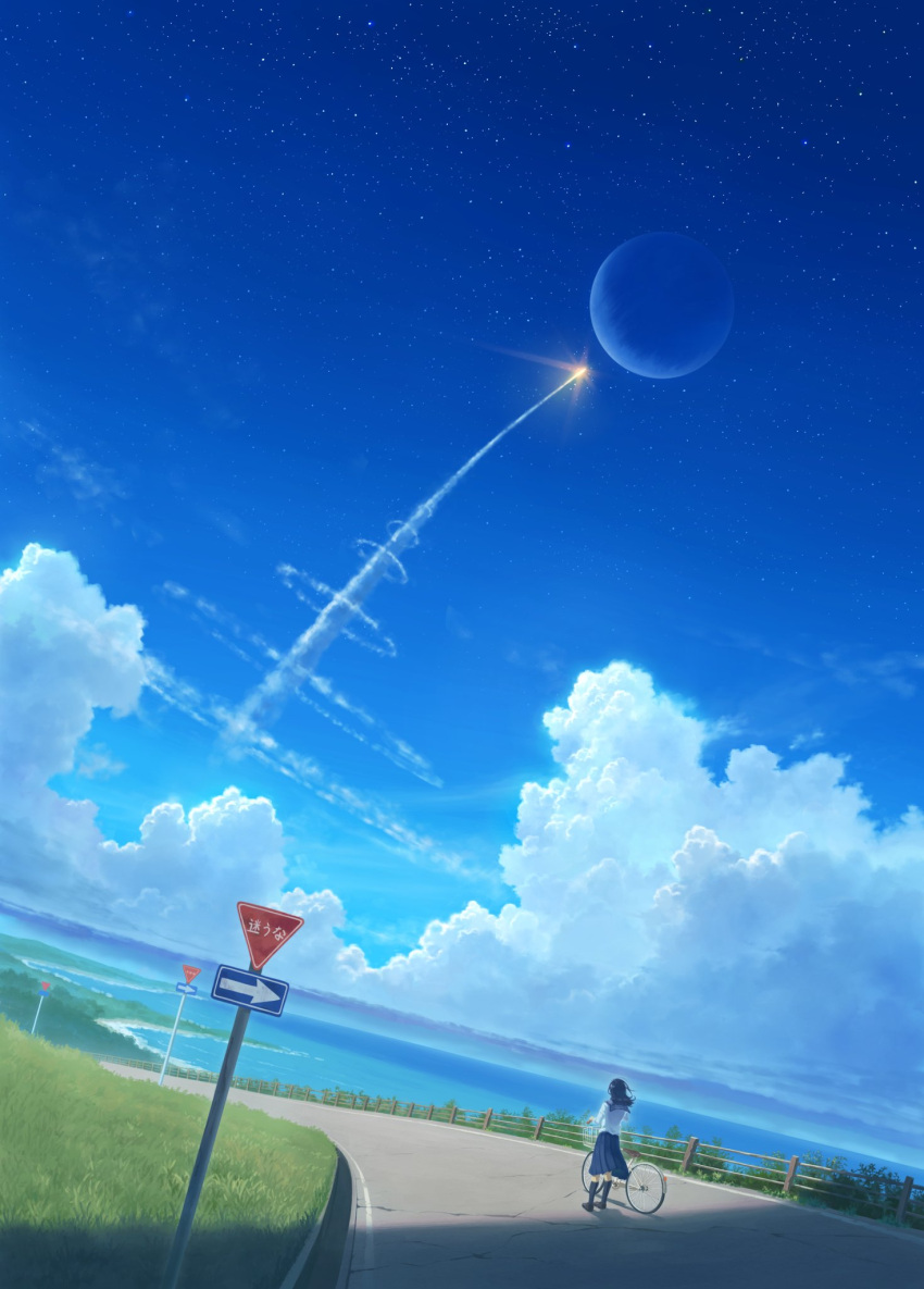 1girl, bicycle, black_hair, black_socks, blue_sailor_collar, blue_skirt, blue_sky, clouds, commentary_request, day, dutch_angle, fence, from_behind, grass, highres, horizon, long_hair, long_sleeves, moon, ocean, original, pleated_skirt, rata_raata, road, road_sign, rocket, sailor_collar, school_uniform, serafuku, shirt, shore, sign, skirt, sky, socks, solo, standing, star_(sky), starry_sky, sunlight, very_wide_shot, white_shirt, wooden_fence