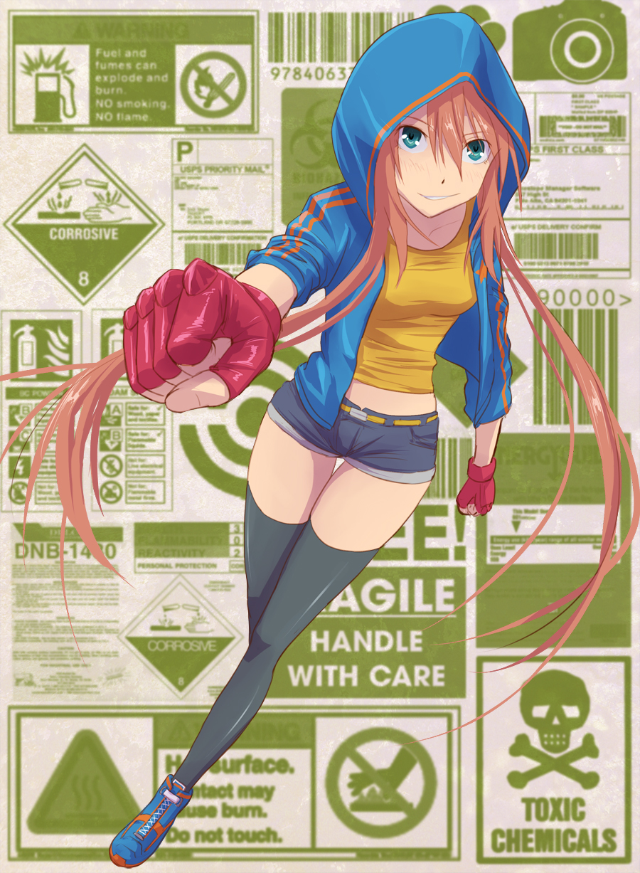 blue_eyes, english, gloves, hazard_warning, highres, hoodie, kaeru314, momoko_(kaeru314)