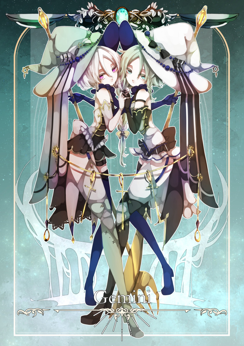 2girls, absurdres, aqua_eyes, asymmetrical_footwear, asymmetrical_gloves, back_bow, bare_shoulders, black_boots