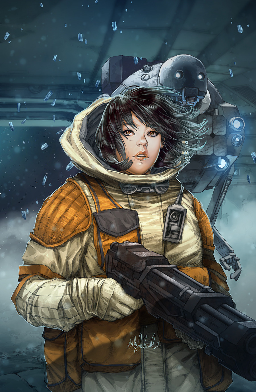 1girl, ashley_witter, brown_eyes, brown_hair, brown_jacket, chelli_lona_aphra, elbow_gloves, gloves
