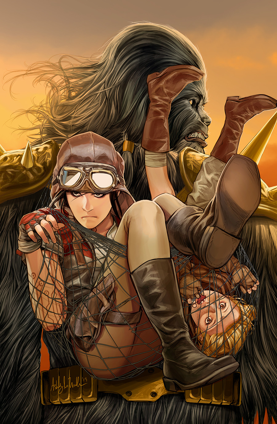 1boy, 2girls, alien, arm_tattoo, ashley_witter, aviator_cap, black_boots, black_fur