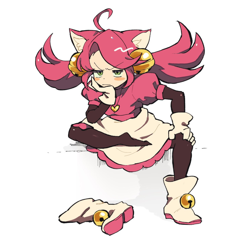 1girl, :|, ahoge, akibevillage, animal_ear_fluff, animal_ears, ankle_boots, apron