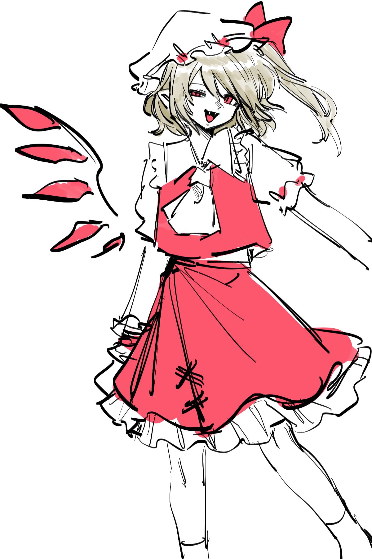 1girl, ame_iru, ascot, blonde_hair, dress, flandre_scarlet, greyscale, hat