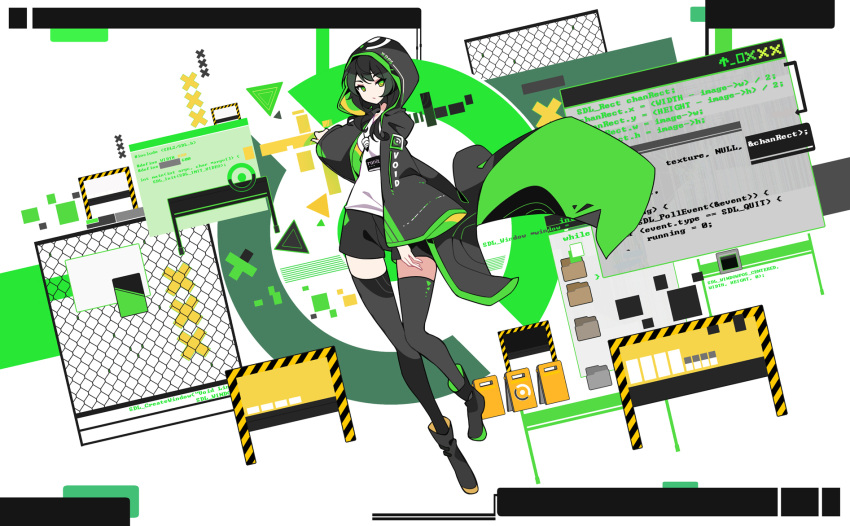 1girl, abstract_background, black_cape, black_hood, black_thighhighs, boots, c_(programming_language), cape