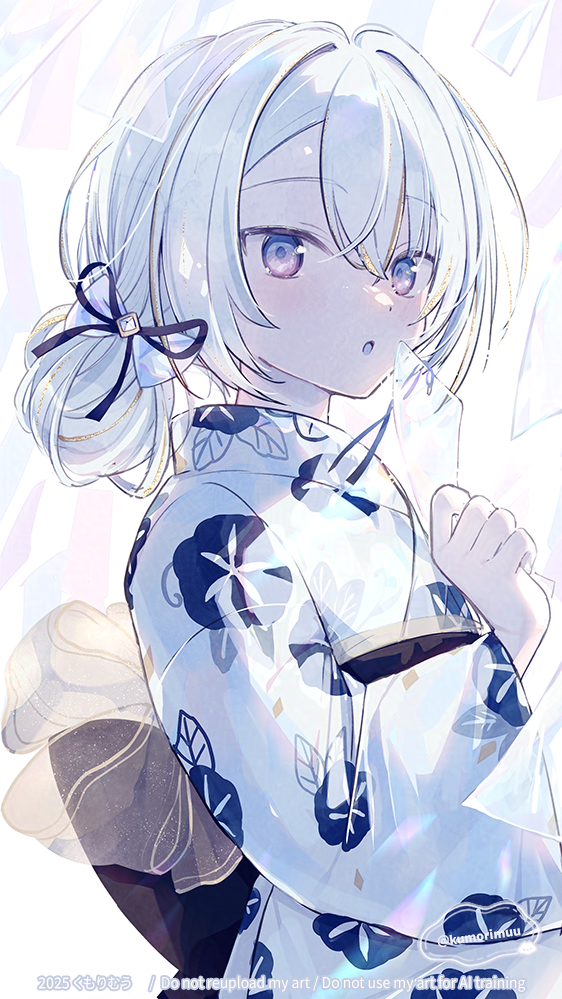 1girl, :o, black_ribbon, black_sash, blue_bow, blue_eyes, blue_kimono, bow