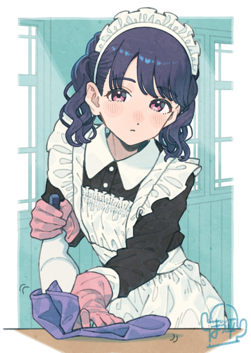 1girl, apron, black_dress, black_hair, blue_hair, blush, cleaning, cleaning_rag