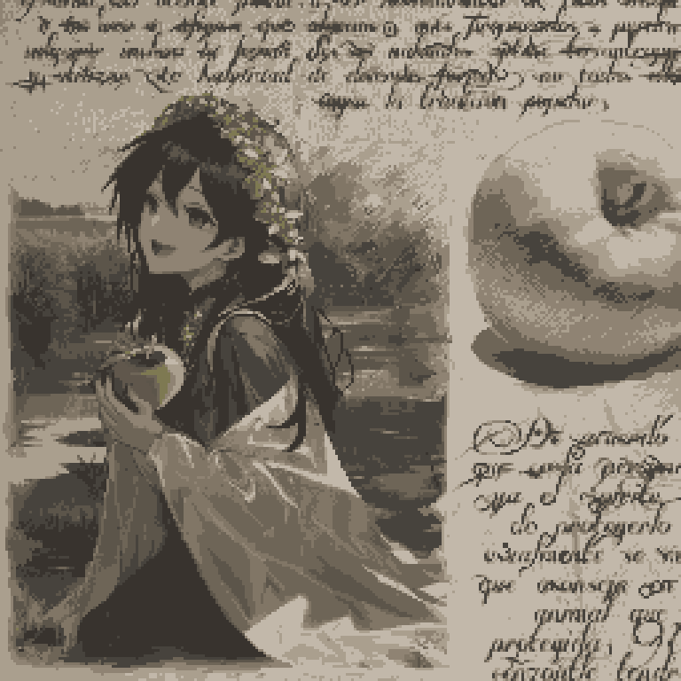 1girl, apple, daisen_(specialdaisen), faux_text, field, flower_wreath, food, fruit