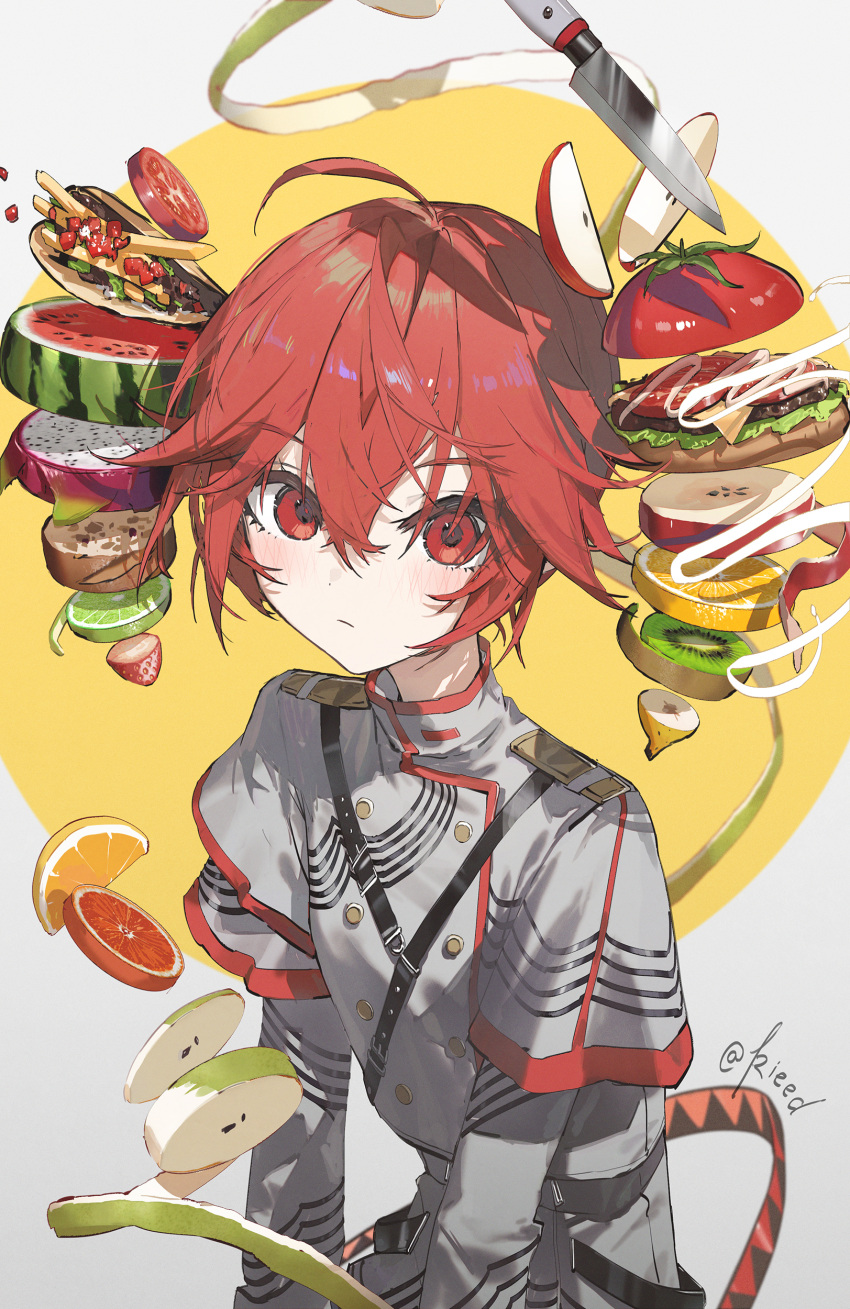 1girl, absurdres, ahoge, apple, apple_peel, apple_slice, artist_name, blush
