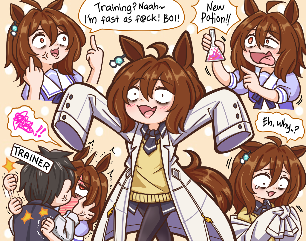 1boy, 1girl, :d, afterimage, agnes_tachyon_(umamusume), ahoge, anger_vein, animal_ears