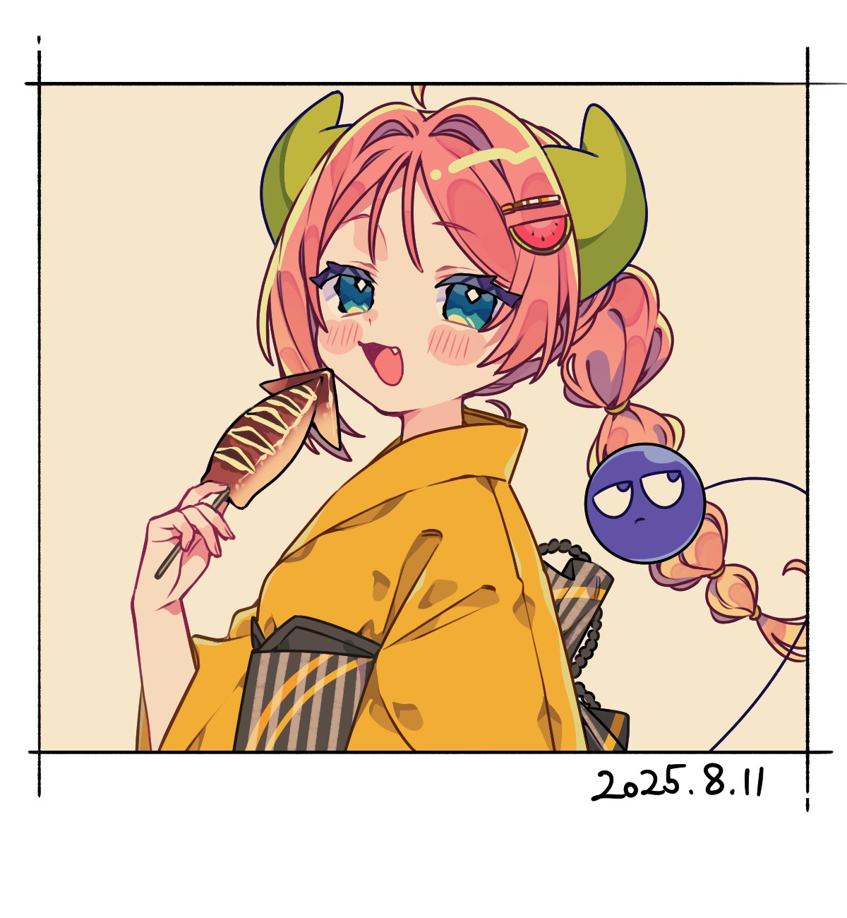 1girl, :3, :d, ako-chan_(notamaru_2), blue_eyes, blush_stickers, border, commentary_request, dated, fang, food, food_request, green_horns, highres, holding, holding_food, horns, japanese_clothes, kimono, long_hair, long_sleeves, looking_at_viewer, notamaru_2, obi, open_mouth, original, red_hair, sash, simple_background, smile, solo, upper_body, white_border, wide_sleeves, yellow_background, yellow_kimono