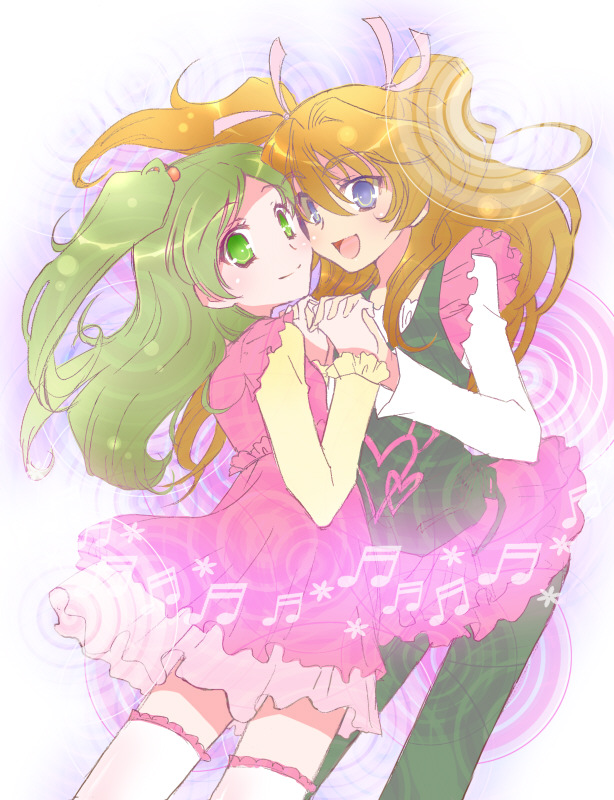 green_eyes, green_hair, hand_holding, holding_hands, houjou_hibiki, long_hair, minamino_kanade, multiple_girls