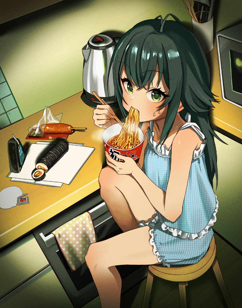 1girl, absurdres, antenna_hair, bare_legs, cabbage_(chlehd2239), chopsticks, commentary_request, cup
