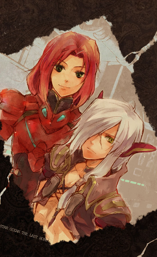 armor, arumat_p._thanatos, bad_id, coat, crowe_f._almedio, ear_covers, green_eyes, long_hair, male, multiple_boys, payot, pointy_ears, red_hair, redhead, rishi_(kurou), serious, smile, star_ocean, star_ocean_the_last_hope, white_hair, yellow_eyes