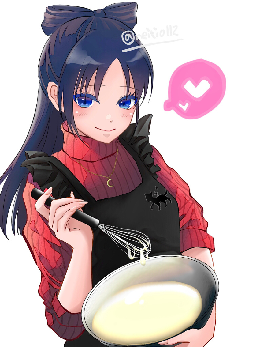 1girl, apron, artist_name, black_hair, blue_eyes, crescent, crescent_necklace, heart