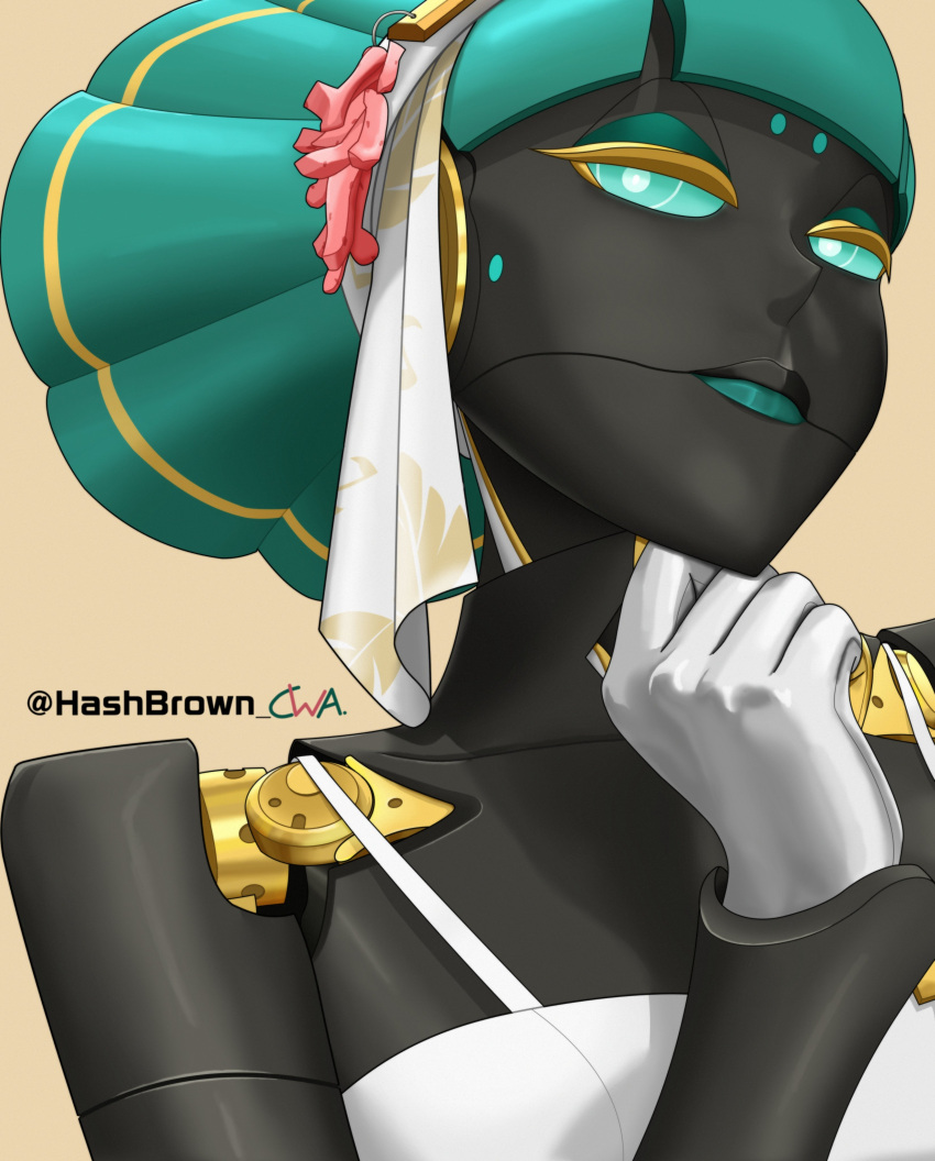absurdres, black_skin, colored_skin, dress, elfy_(zenless_zone_zero), glowing, glowing_eyes, green_hair, hair_up, hashbrown_cwa, highres, humanoid_robot, joints, robot, robot_joints, white_dress, zenless_zone_zero