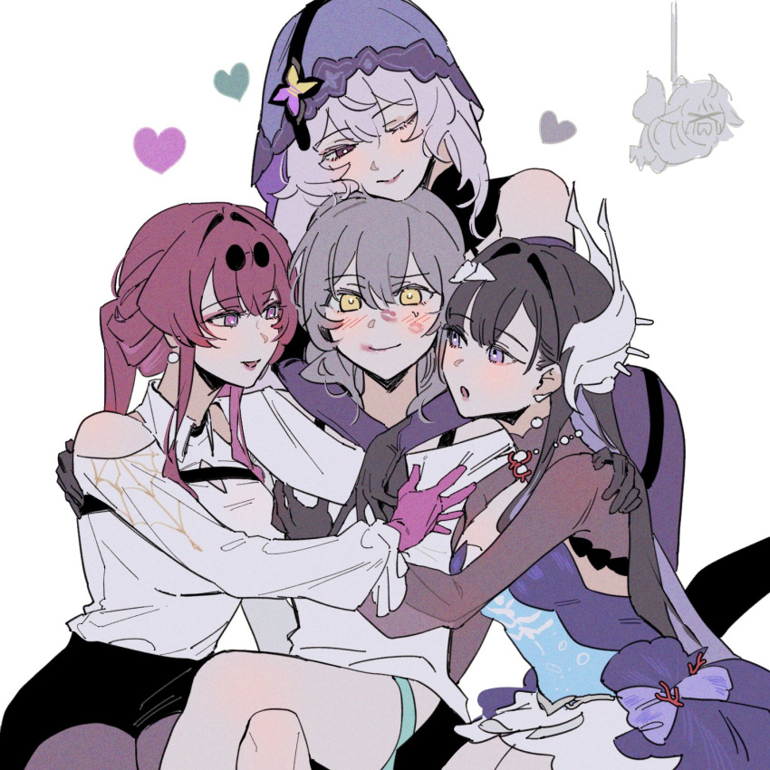 5girls, black_gloves, black_hair, black_swan_(honkai:_star_rail), blue_eyes, clothing_cutout, collared_shirt, commentary_request