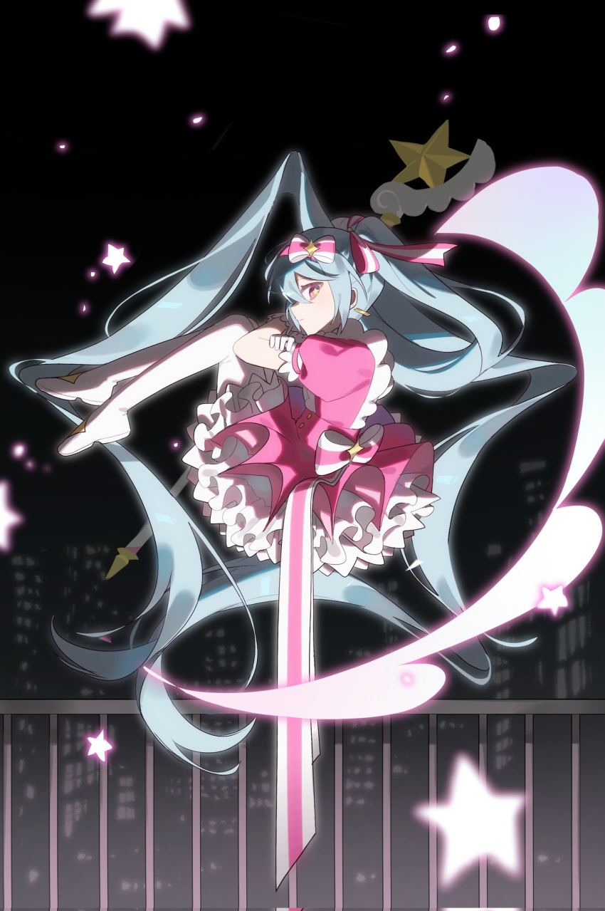 1girl, blue_hair, boots, bow, dress, gloves, hair_bow, hatsune_miku