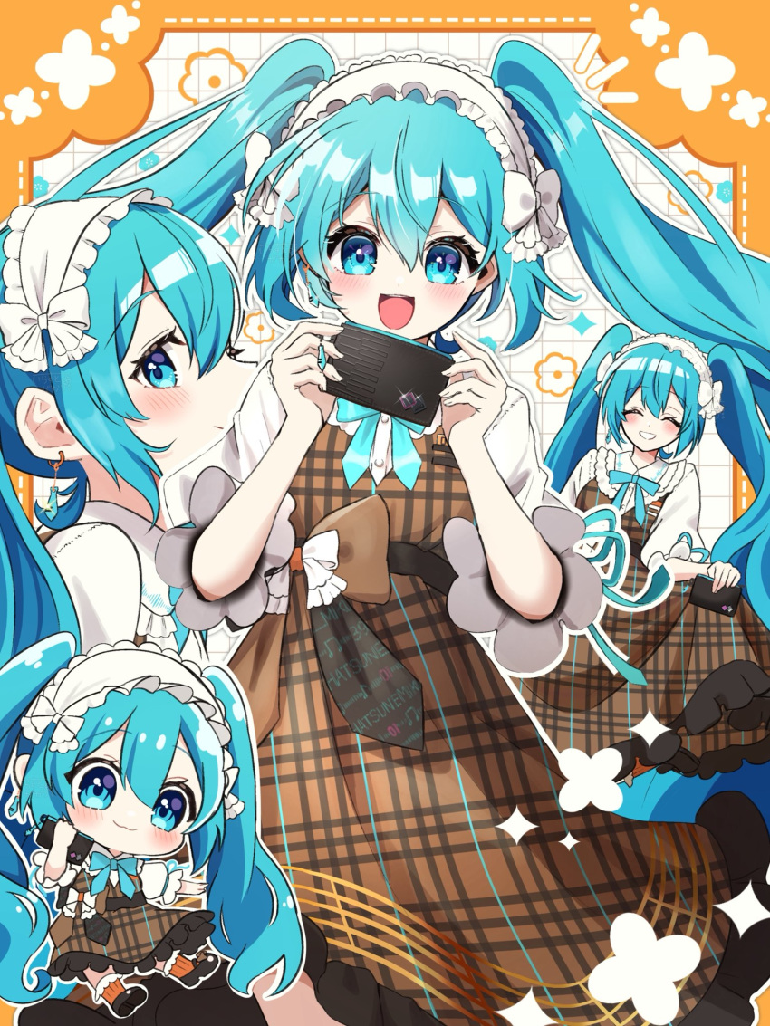1girl, :3, :d, ^_^, black_shoes, blue_bow, blue_bowtie, blue_eyes