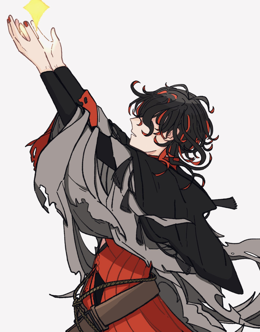 1boy, arms_up, belt, black_hair, brown_belt, capelet, dante_alighieri_(fate), dante_alighieri_(second_ascension)_(fate), facing_up, fate/grand_order, fate_(series), from_side, grey_background, highres, imadatuduketai, long_sleeves, male_focus, medium_hair, multicolored_hair, nail_polish, obscured_eyes, open_hands, parted_lips, red_streaks, rope, simple_background, soolo, star_(symbol), streaked_hair, tassel, upper_body