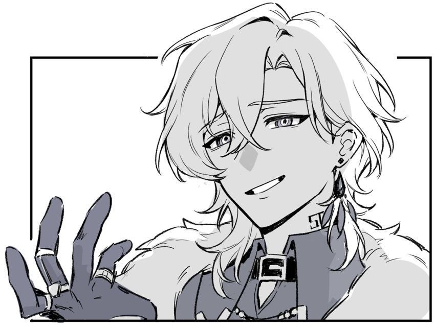 1boy, aventurine_(honkai:_star_rail), chinese_commentary, collar, collared_shirt, commentary_request, crossed_bangs, earrings, fur_trim, gloves, greyscale, hair_between_eyes, hand_up, honkai:_star_rail, honkai_(series), jewelry, looking_to_the_side, male_focus, mealove1218, monochrome, multicolored_eyes, multiple_rings, neck_tattoo, outside_border, ring, shirt, short_hair, simple_background, single_earring, smile, solo, tattoo, teeth