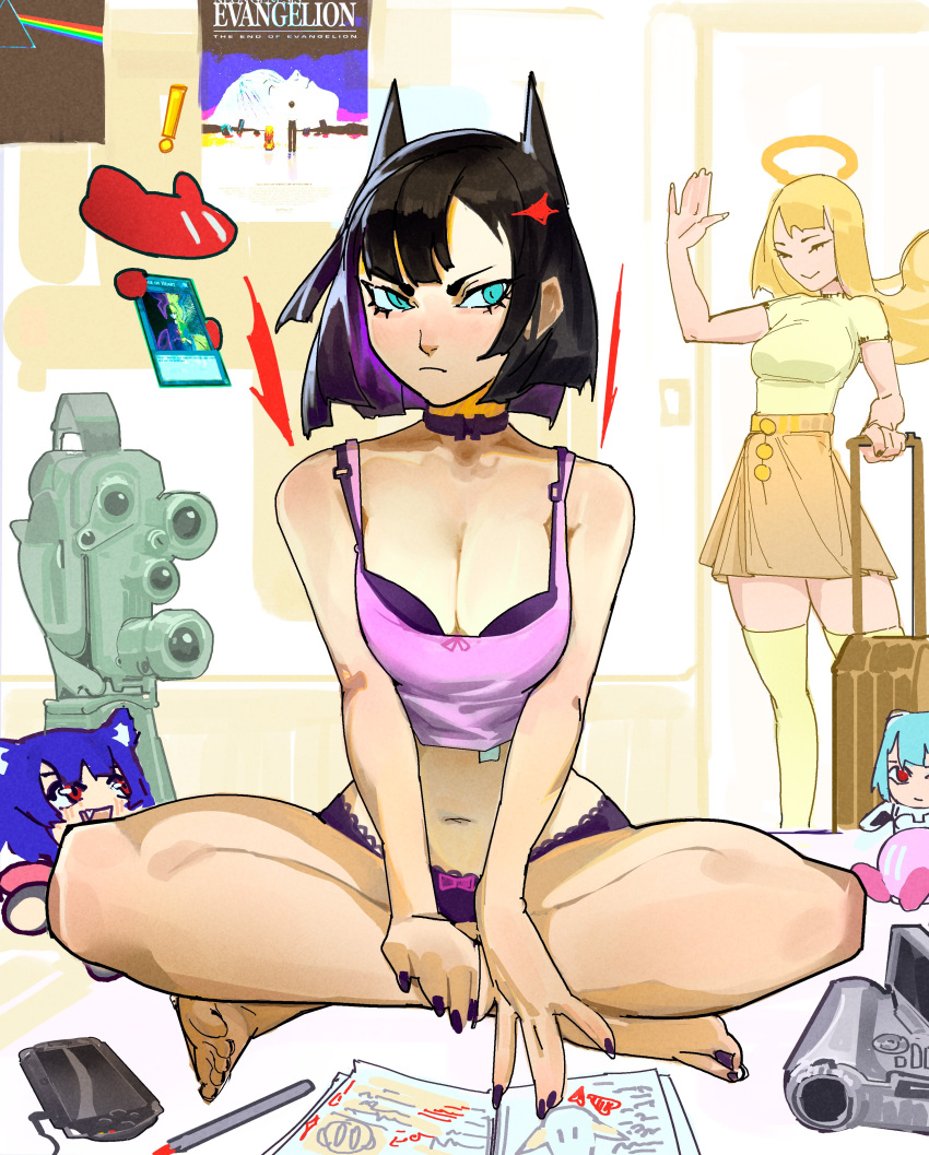 2girls, absurdres, blue_eyes, brendon_paes, collarbone, halo, highres, multiple_girls, panties, purple_nails, purple_panties, sitting, skirt, underwear