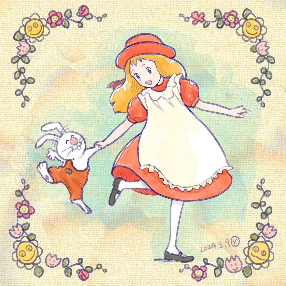 1boy, 1girl, ^_^, alice's_adventures_in_wonderland, alice_(alice_in_wonderland), apron, benny_bunny, black_shoes, blonde_hair, blue_eyes, buck_teeth, closed_eyes, closed_mouth, commentary, dated, dress, flower, frilled_apron, frills, full_body, furry, furry_male, fushigi_no_kuni_no_alice, happy, hat, holding_hands, jumping, looking_at_another, open_mouth, overalls, pantyhose, porkpie_hat, rabbit, rabbit_boy, red_dress, red_hat, red_overalls, sakai_yume, shoes, signature, smile, standing, standing_on_one_leg, teeth, whiskers, white_apron, white_pantyhose, white_rabbit_(animal)
