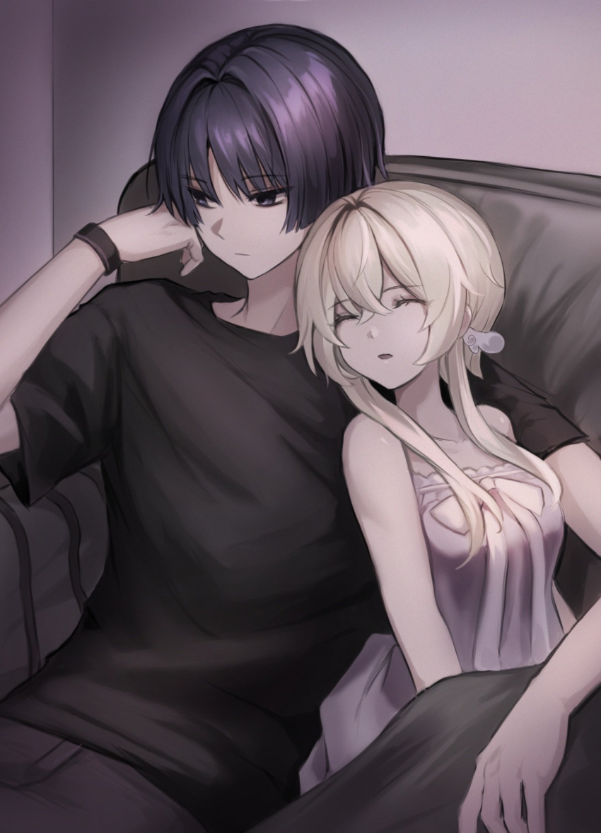 1boy, 1girl, alternate_costume, angel_wings, black_eyes, black_hair, black_shirt, black_sleeves