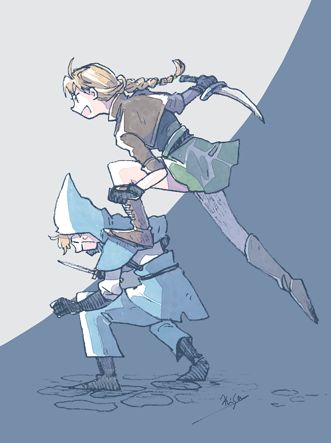 1boy, 1girl, black_gloves, black_shirt, blonde_hair, blue_capelet, blue_hood, blue_pants, boots, braid, brown_jacket, capelet, cropped_jacket, dagger, foot_on_another's_shoulder, full_body, furrowed_brow, gloves, green_skirt, grey_boots, holding, holding_dagger, holding_knife, holding_weapon, hood, hood_up, jacket, kid_(chrono_cross), knife, long_hair, michibata_65, open_mouth, pants, radical_dreamers, serge_(chrono_cross), shirt, short_hair, single_braid, skirt, sweatdrop, weapon