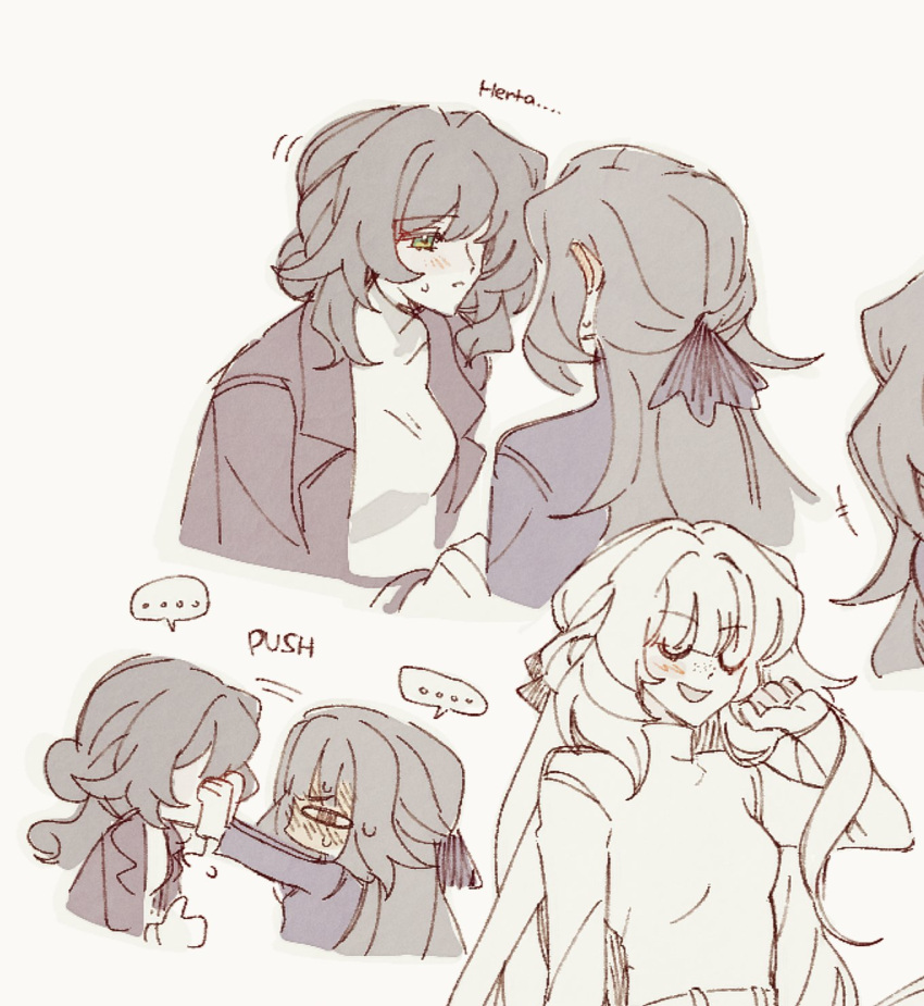 ..., 2girls, alternate_costume, casual, commentary, green_eyes, grey_background, hair_ribbon