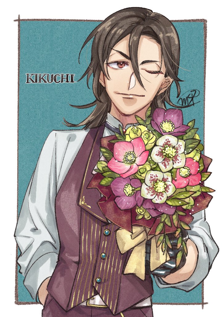 1boy, ;), aqua_background, belt, belt_buckle, black_gloves, border, bouquet