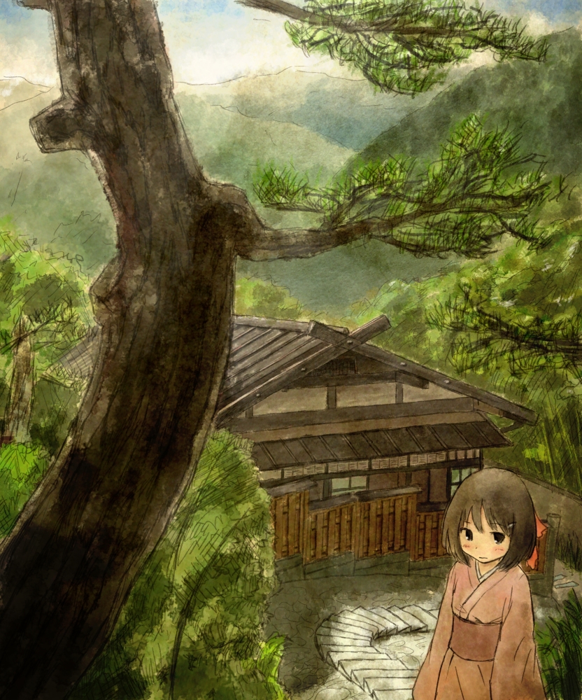brown_eyes, brown_hair, east_asian_architecture, grass, japanese_architecture, japanese_clothes, kimono, mountain, nature, original, short_hair, sky, solo, stairs, tebanawo, tree