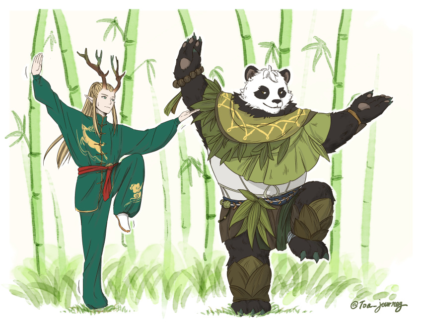 2boys, afk_(series), afk_journey, animal_ears, armor, artist_name, bamboo, bead_bracelet
