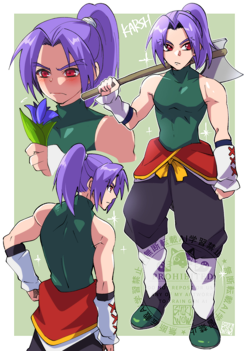 1boy, axe, bare_shoulders, black_pants, blue_flower, blush, boots, border