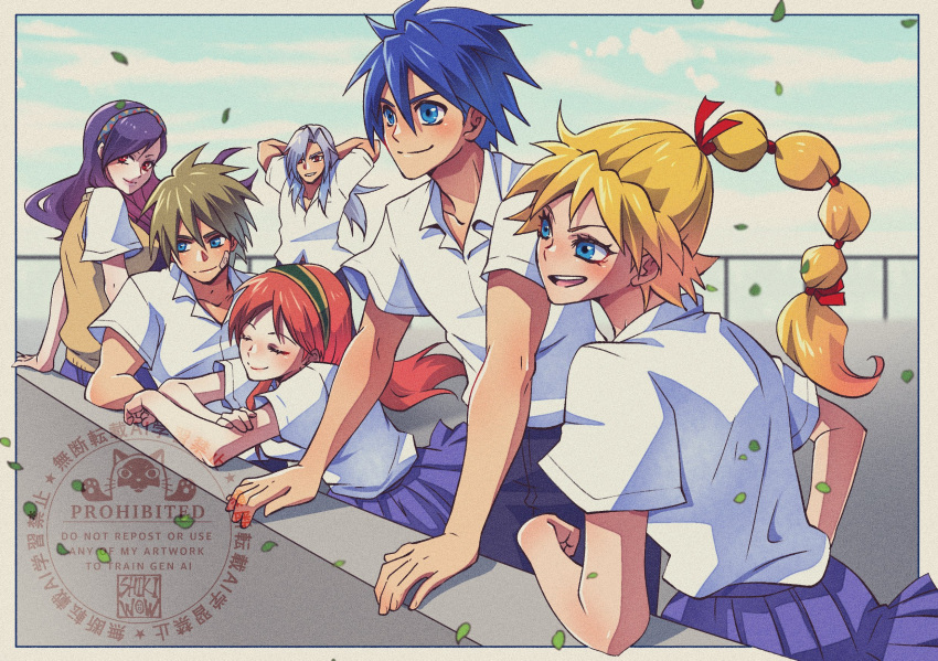 3boys, 3girls, alternate_costume, alternate_universe, arms_behind_head, bandaid, bandaid_on_cheek, bandaid_on_face