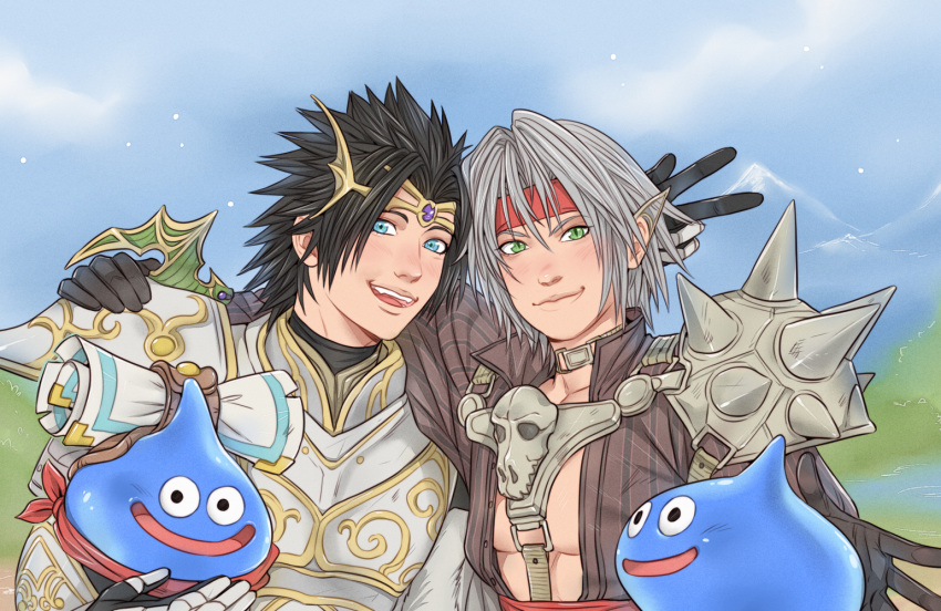 2boys, arm_around_shoulder, armor, armored_gloves, black_gloves, black_hair, black_jacket, closed_mouth