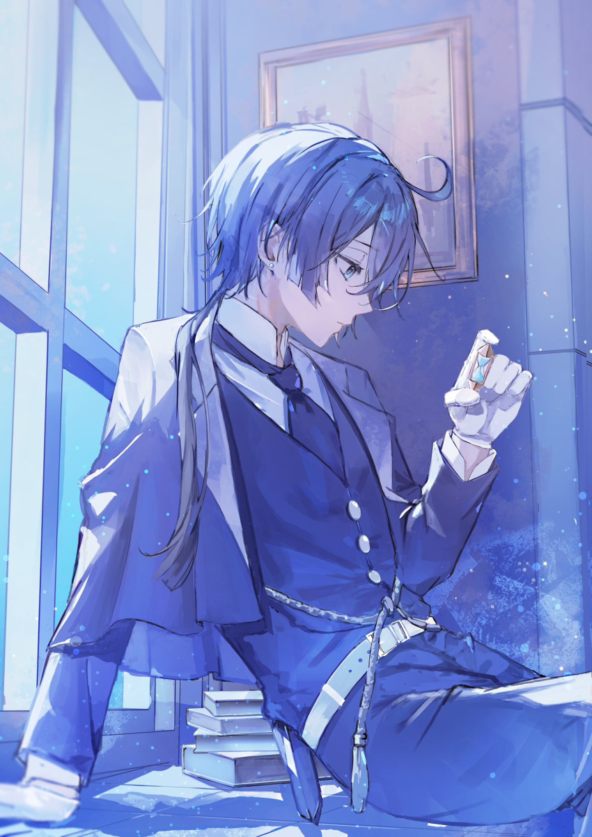 1boy, ahoge, arm_support, belt, black_hair, black_necktie, blue_capelet, blue_eyes