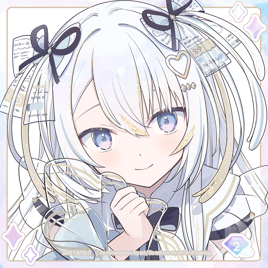 1girl, animal, black_ribbon, blonde_hair, blue_border, blue_bow, blue_eyes, blue_ribbon