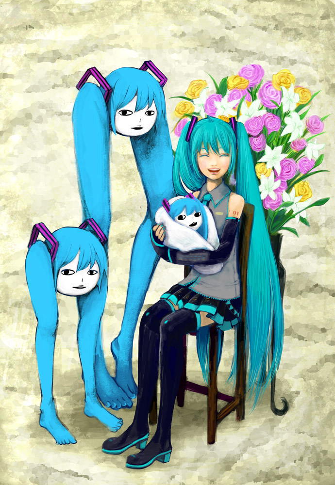 aqua_hair, creepy, detached_sleeves, flower, hatsune_miku, long_hair, necktie, shiteyan'yo, shiteyan'yo, sitting, skirt, smile, thigh-highs, thighhighs, twintails, vocaloid, what