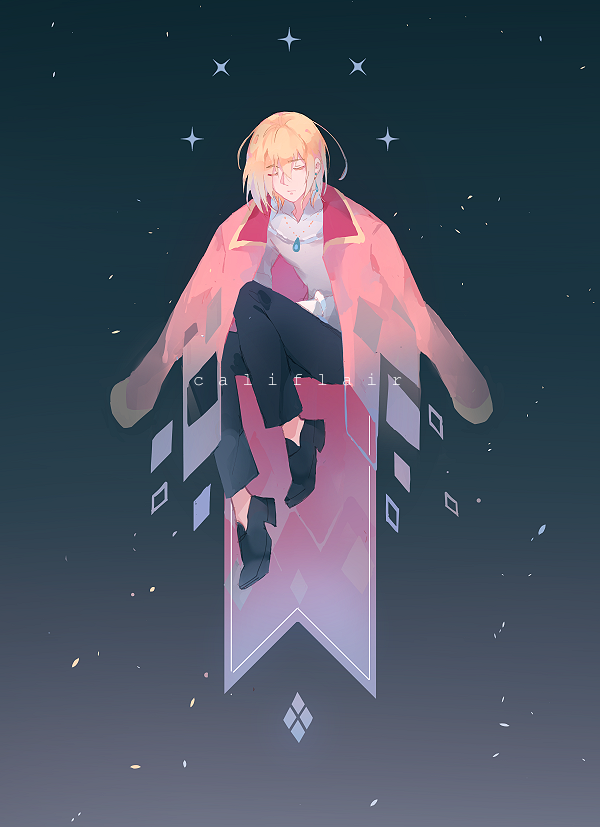 1boy, argyle_clothes, argyle_coat, artist_name, black_pants, black_shoes, blonde_hair, califlair