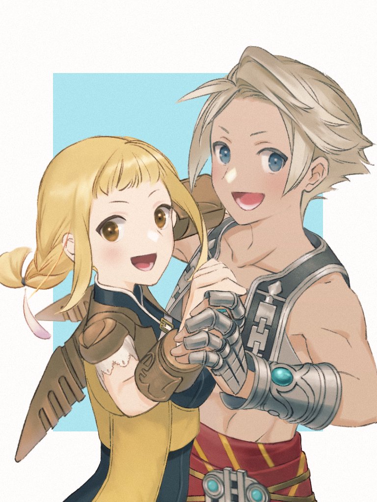 1boy, 1girl, aqua_background, armor, armored_gloves, bare_shoulders, blonde_hair, blue_eyes