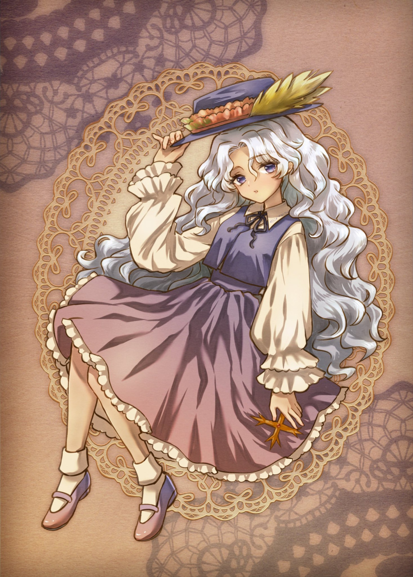 1girl, ankle_socks, black_ribbon, brown_shoes, commentary_request, cross, dark_skin, frilled_hat