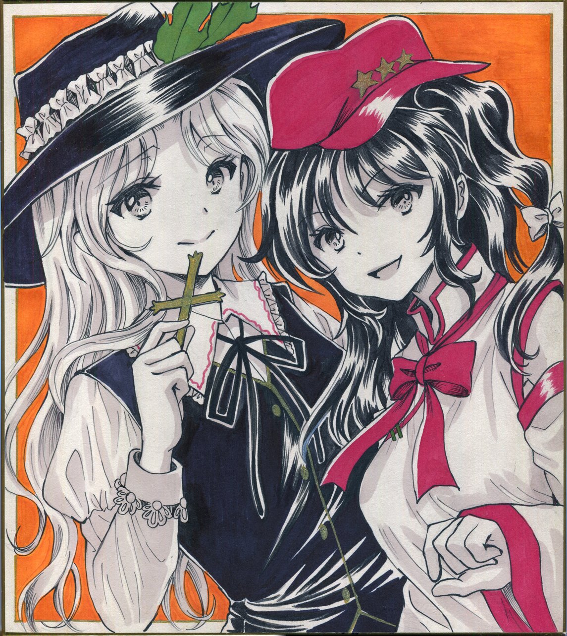 2girls, black_hair, black_hat, black_ribbon, black_skirt, black_vest, closed_mouth, collared_shirt