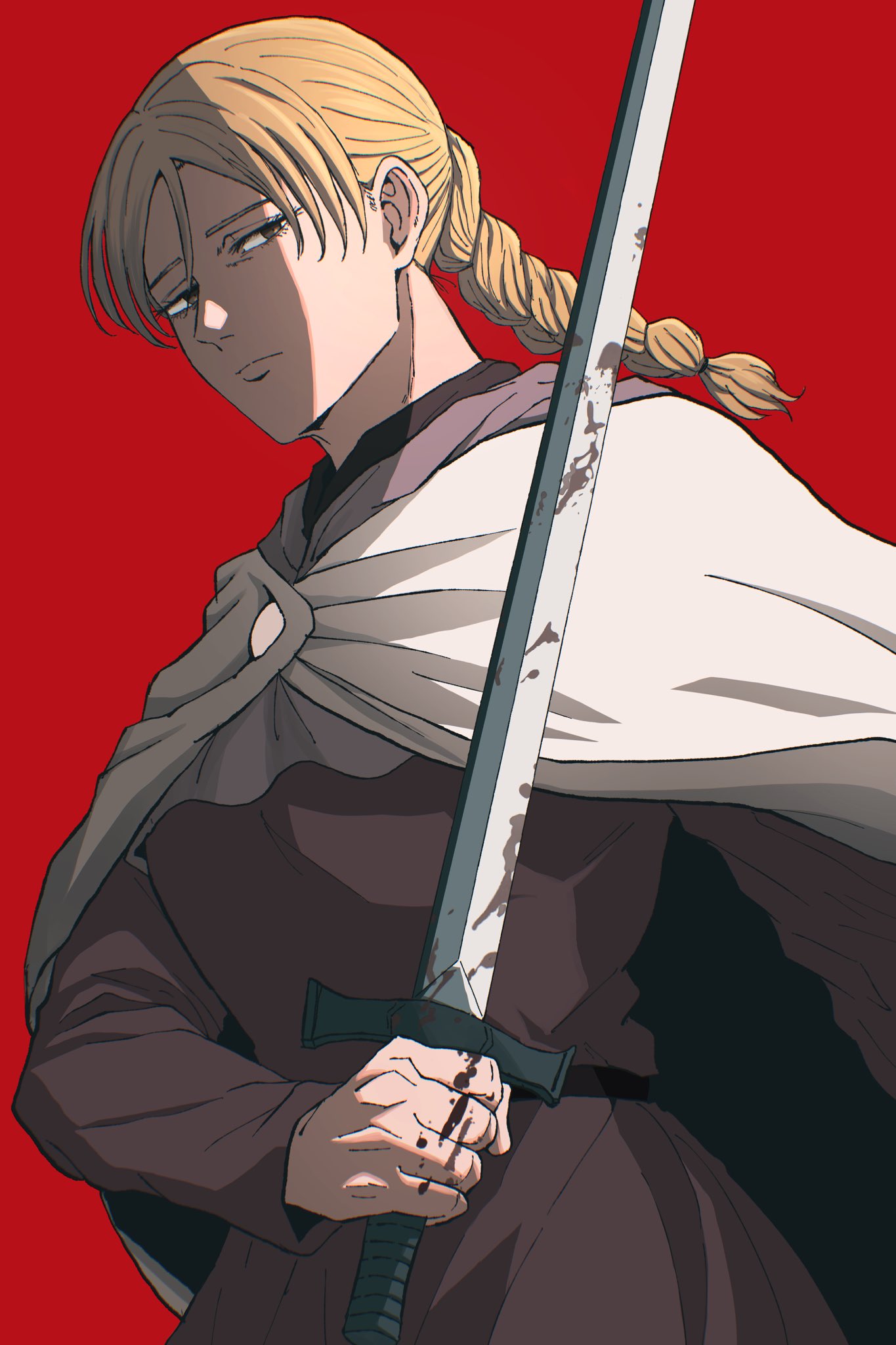 1girl, blonde_hair, blood, blood_on_hands, blood_on_weapon, braid, breasts, brown_eyes