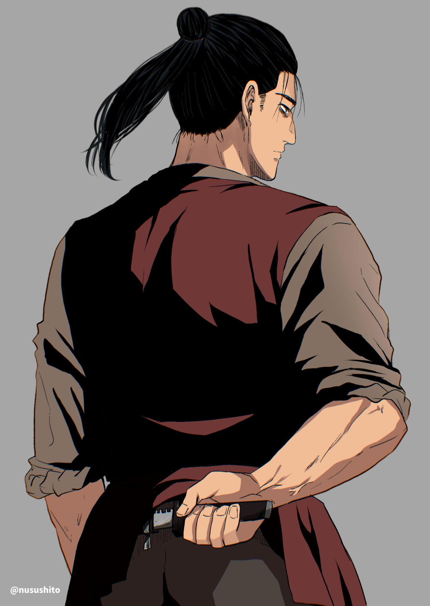 1boy, arm_behind_back, black_hair, brown_vest, chi.:_chikyuu_no_undou_ni_tsuite, closed_mouth, facing_away, grey_background