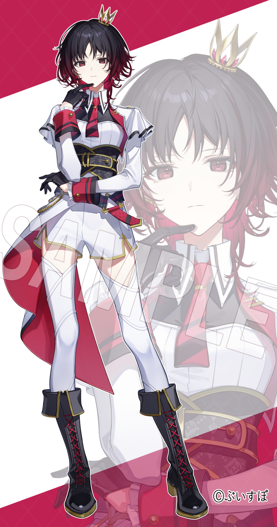 1girl, belt, black_boots, black_gloves, black_hair, bodice, boots, collared_shirt